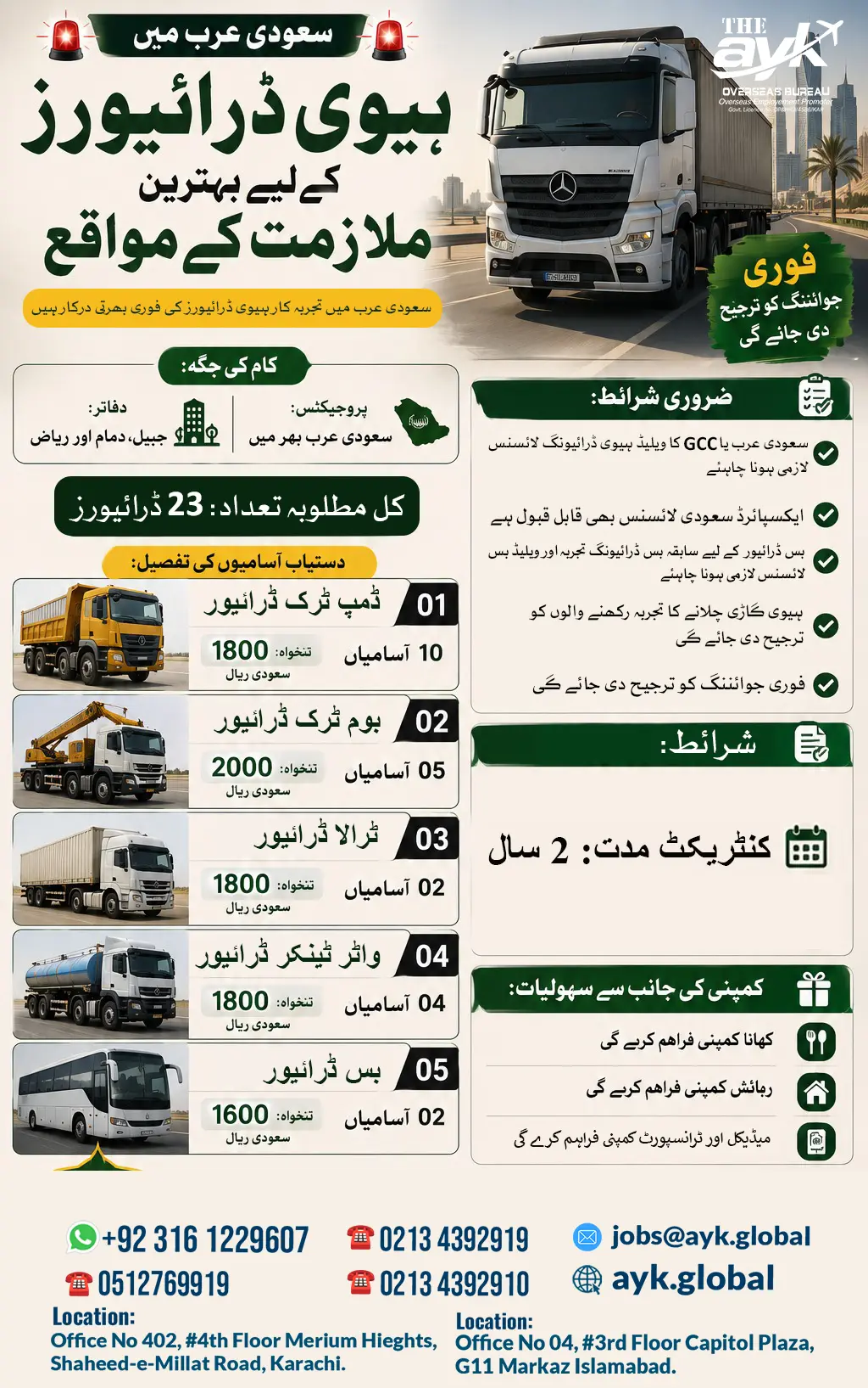 Heavy Driver Dump Truck Boom Truck Trala Tanker Bus Driver Jobs in Saudi Arabia 2026